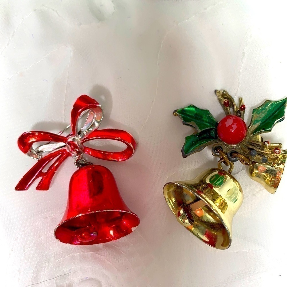 Set of Two Vintage Painted Metal Holiday Bell Brooches-Red/Gold/Green